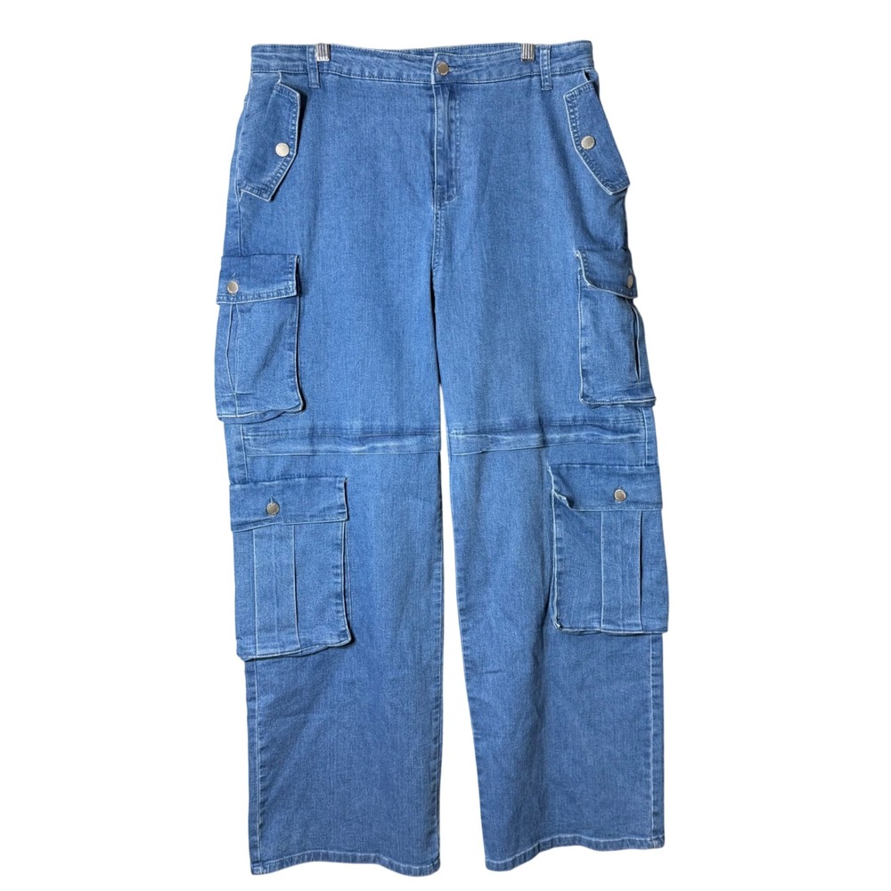 Daisy Womens Blue High Rise Wide Leg Cargo Jeans DP1143X Size 1X